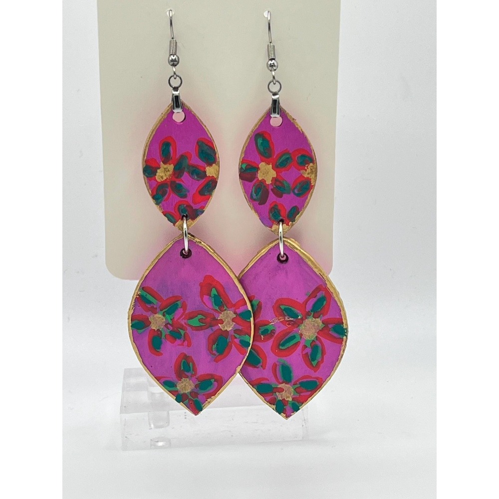 Wood Marquise Earrings Magenta Fuchsia Floral Boho Double Drop Artisan Dangle